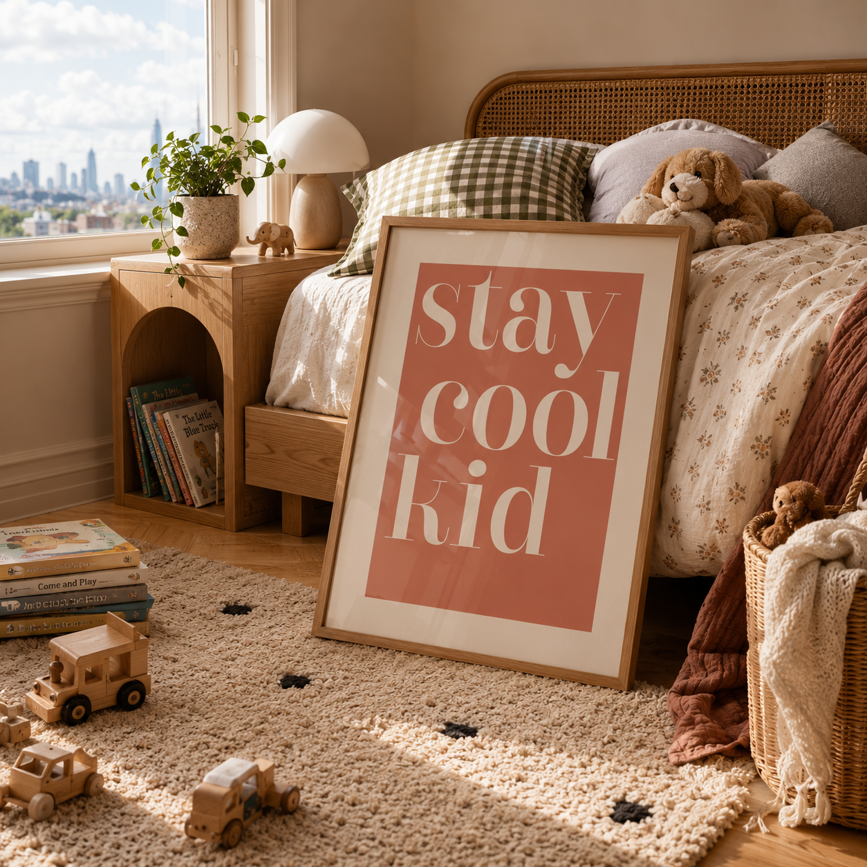 A framed wall art print leaning on a cream rug in a cozy child's bedroom. The print has a coral pink background with the words 'stay cool kid' in white lowercase letters inside a light wood frame.