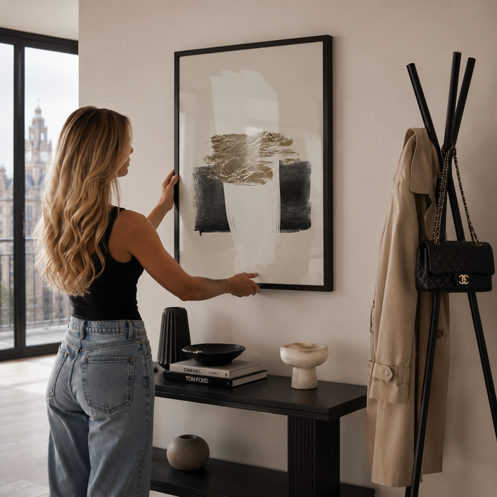 Woman adjusting a framed abstract painting in a stylish room with decor elements.