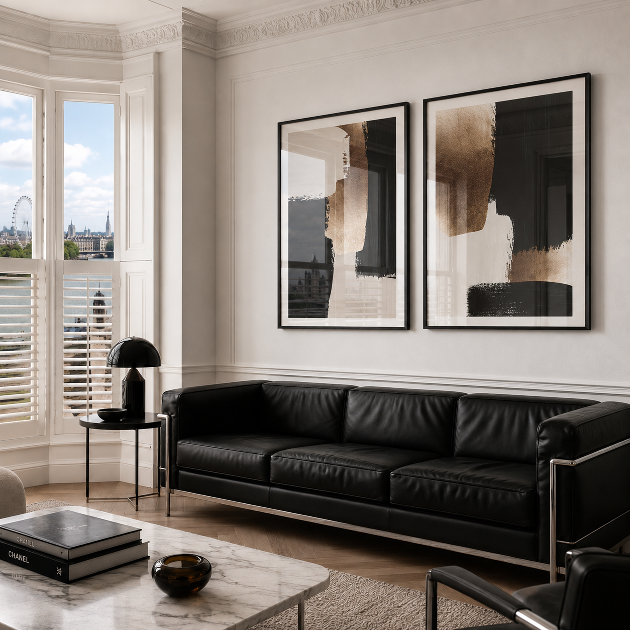 Modern living room with black leather sofa, abstract art, and cityscape view.