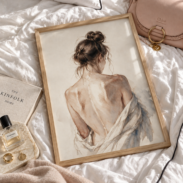 Study of Her Poster featuring a delicate watercolour portrait of a woman viewed from behind, with loosely pinned brunette hair and softly draped fabric in warm neutral tones.