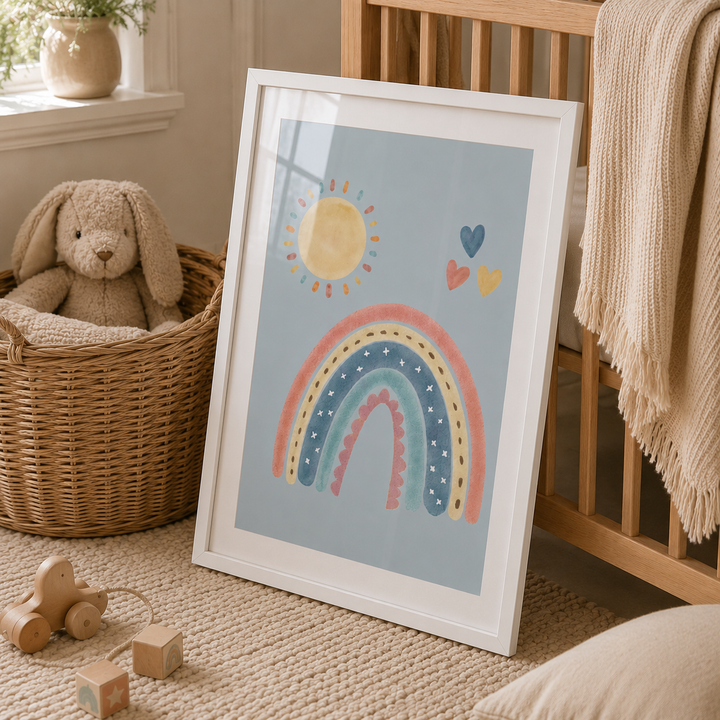 A white-framed children's art print featuring a pastel rainbow, sun, and hearts on a light blue background, styled in a nursery next to a wooden crib and a stuffed bunny.