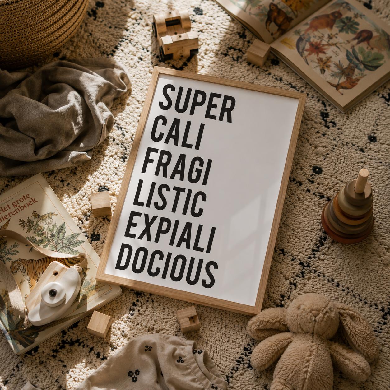 A framed typographic sign reading 'SUPER CALI FRAGI LISTIC EXPIALI DOCIOUS' in black text on a white background, styled in a warm neutral nursery setting with toys, books, a stuffed bunny, and soft textiles.