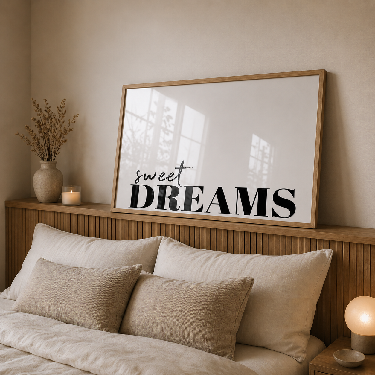 Bedroom with 'sweet DREAMS' sign above bed
