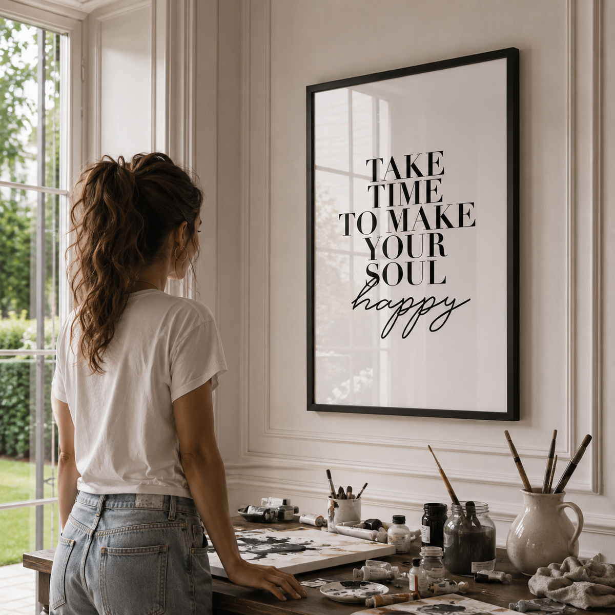 A woman stands with her back to the camera in a bright studio, looking at a large framed wall print that reads “TAKE TIME TO MAKE YOUR SOUL happy” in black text on a white background. The room has cream walls, a window with outdoor greenery, and a worktable with art supplies.