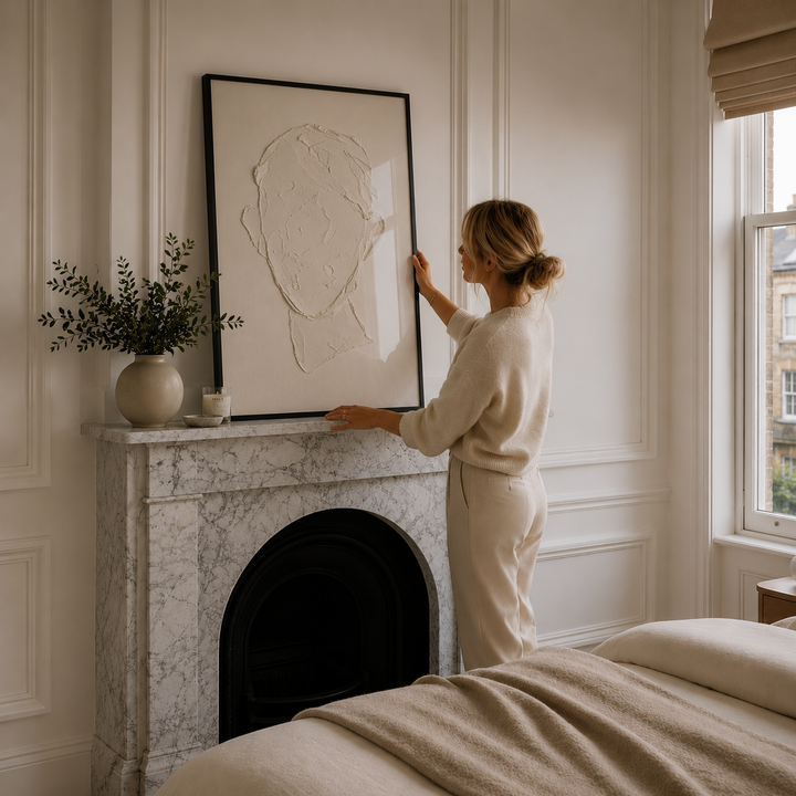 Woman adjusting a framed artwork on a marble fireplace in a cozy room.