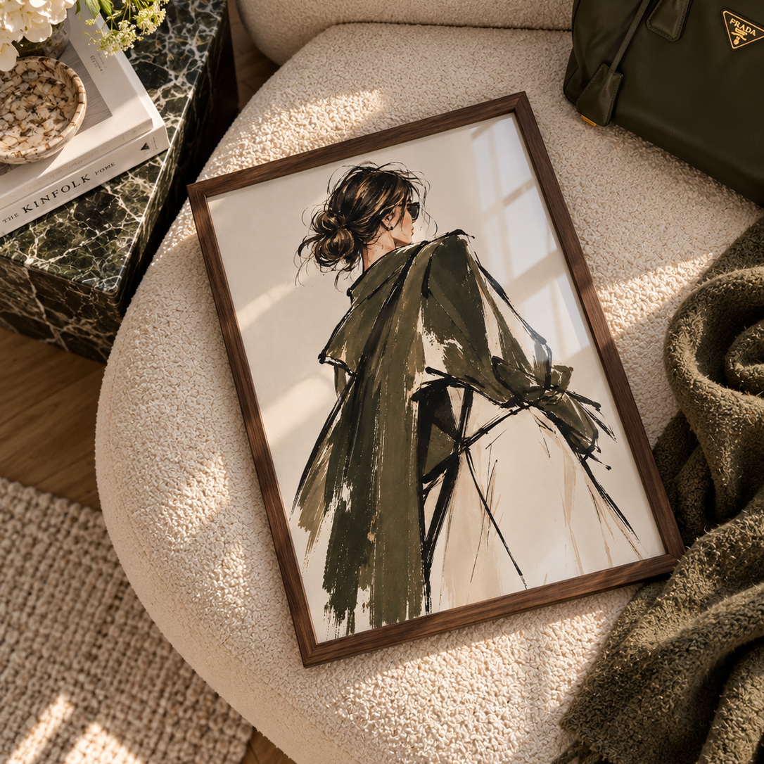 Fashion illustration of a woman from behind wearing a dark olive green coat over a white dress, rendered in expressive brushstrokes on a light beige background.