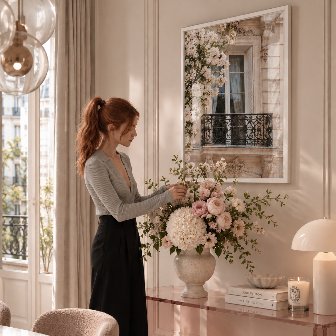The Balcony Poster featuring a sunlit Parisian balcony with ornate black wrought iron, French windows and white spring blossom against a warm stone façade.