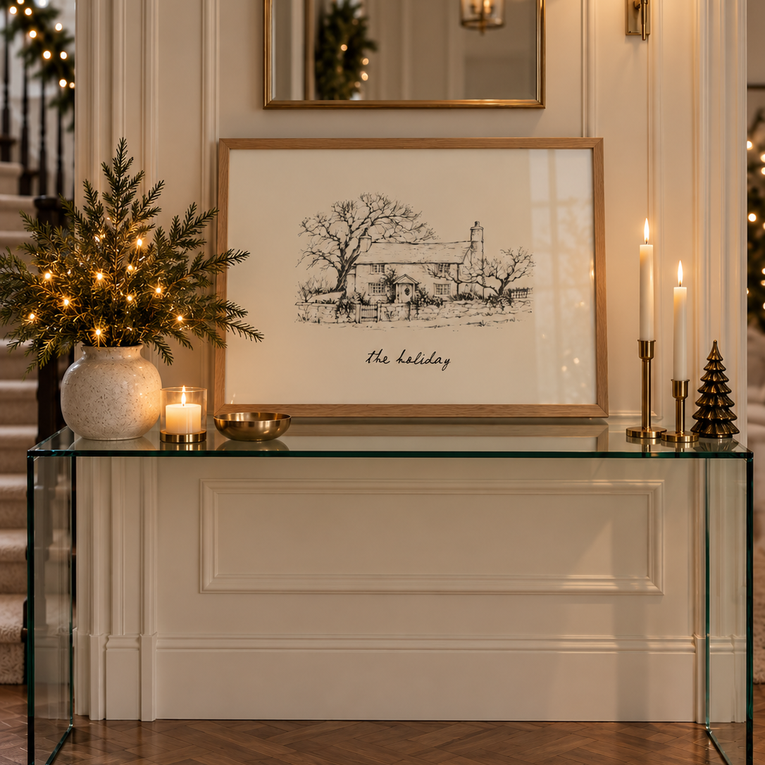 Hand-drawn illustration style poster of the iconic cottage from the festive classic film The Holiday, rendered in a charming, nostalgic style.