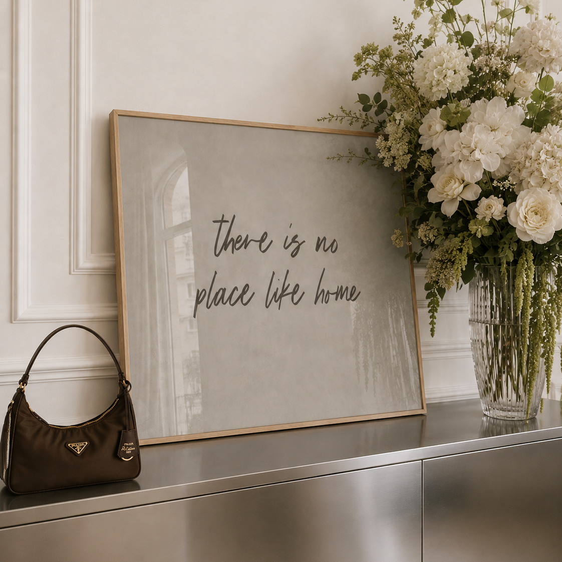 A framed wall art print with the handwritten phrase 'there is no place like home' in dark script on a light neutral background, leaning on a metallic console table beside a brown handbag and a large white floral arrangement.