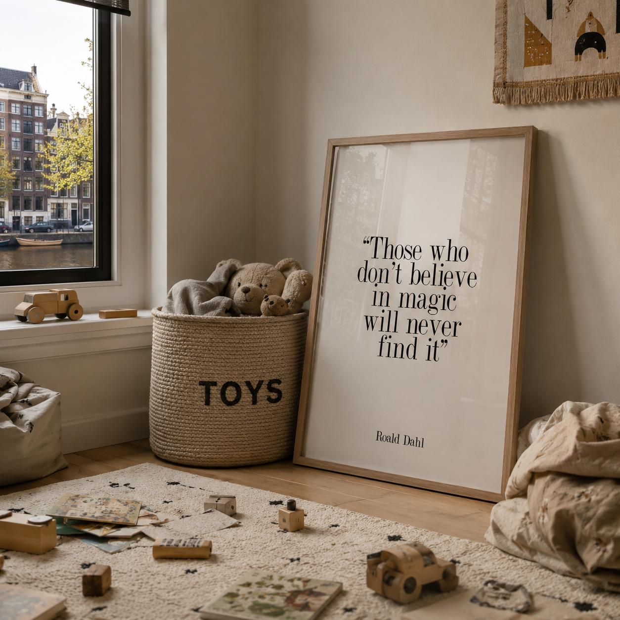 A framed wall art print with a quote by Roald Dahl leaning against a wall in a styled children's room. The print has a light wood frame and is displayed next to a woven basket filled with stuffed toys, with wooden blocks and toys scattered on a cream rug.