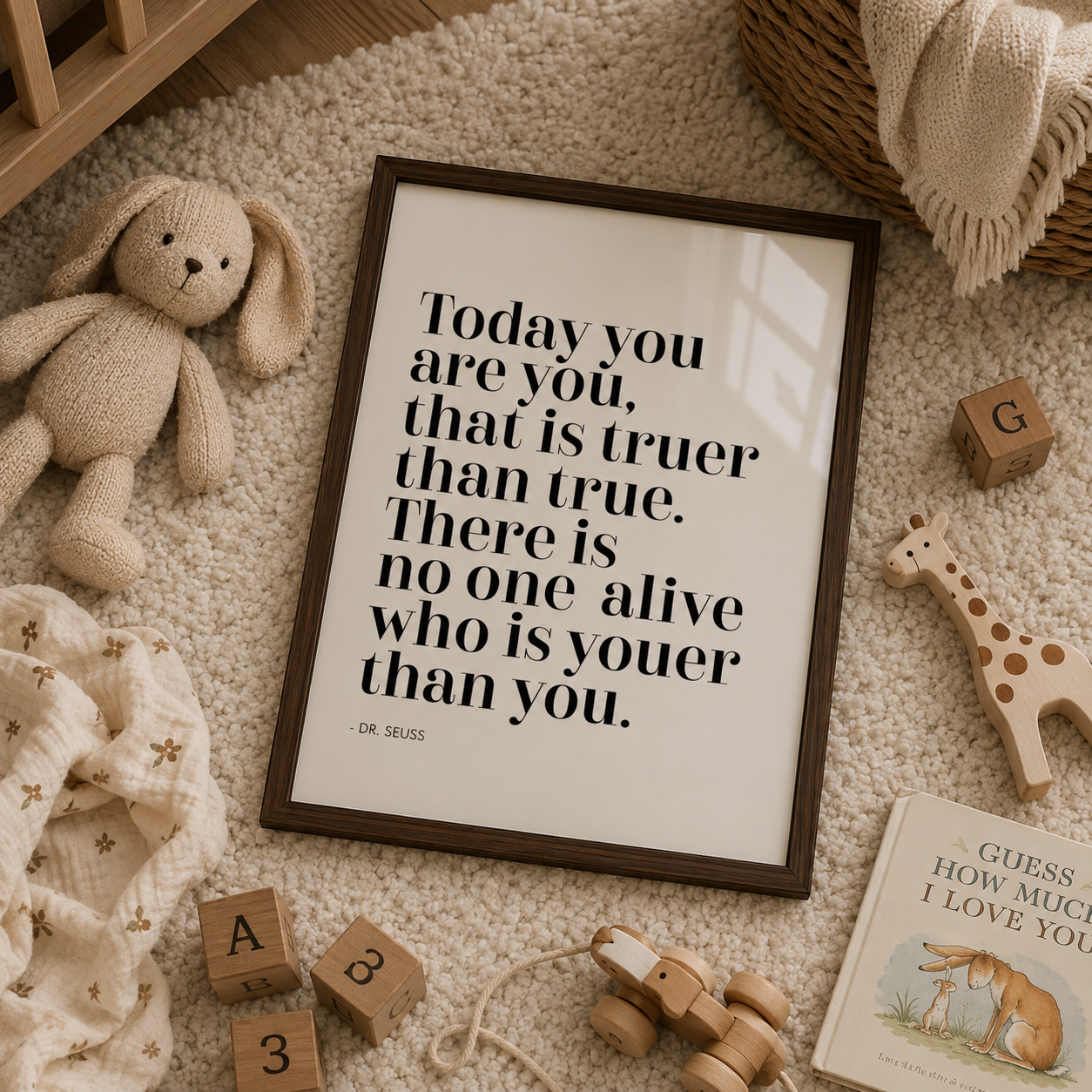 A framed typographic wall art print with a Dr. Seuss quote, styled in a cozy nursery flat-lay with a plush bunny, wooden blocks, a giraffe toy, and a book on a cream textured rug.