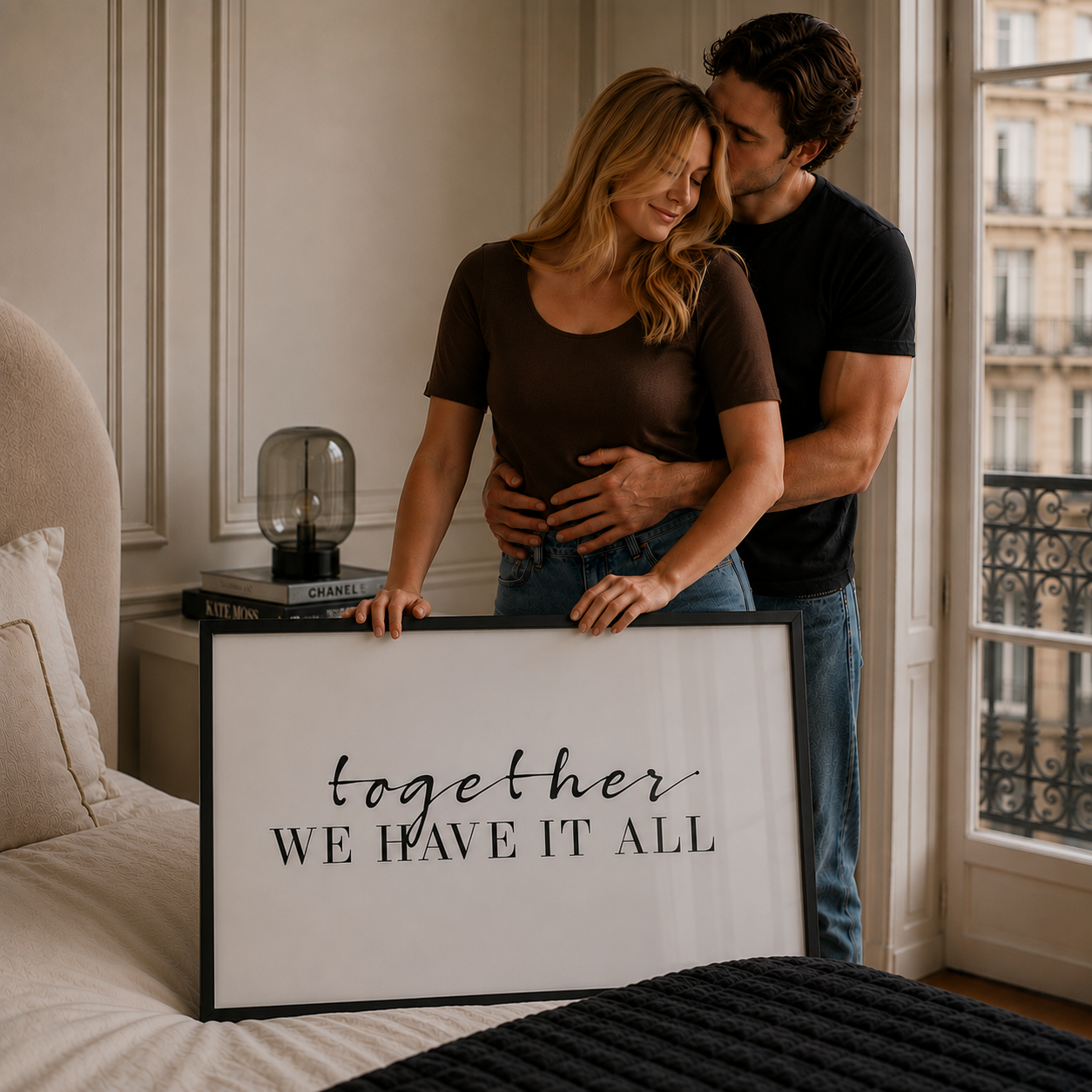 Couple standing in a bedroom holding a framed poster that reads 'together we have it all'.