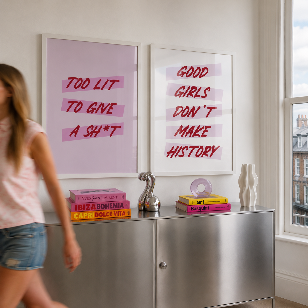 pink bold female empowered wall art in stylish home