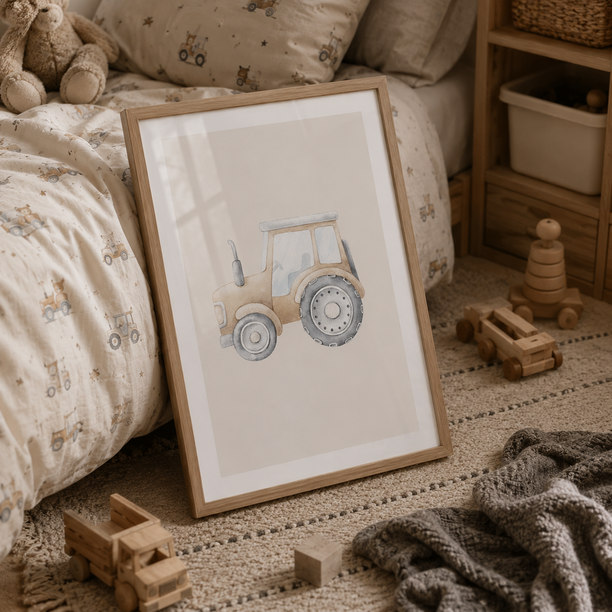 A framed watercolor print of a vintage tractor leaning against a bed in a cozy, styled children's bedroom. The print features a light beige tractor with blue-gray wheels, set in a light wood frame with a white mat.