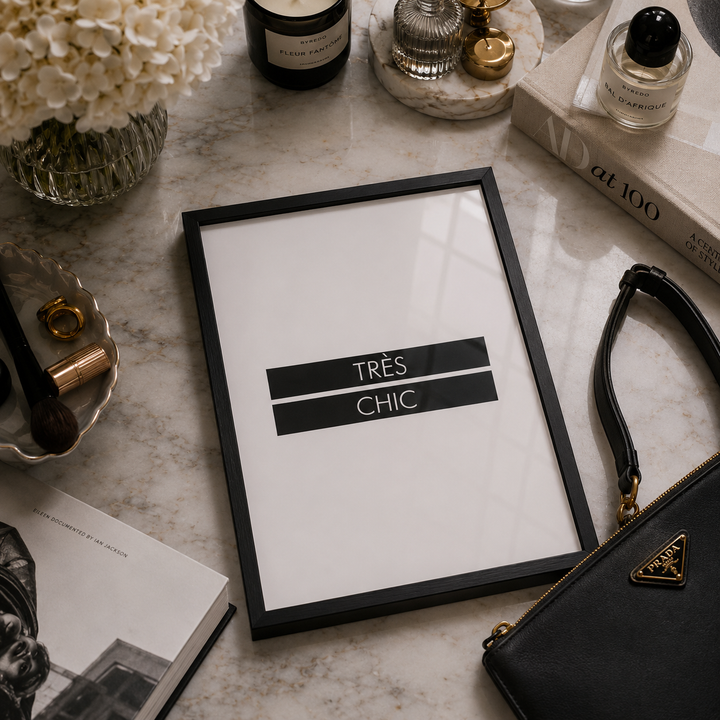 A black-framed minimalist art print with the words 'TRÈS CHIC' in white text on a white background, styled on a marble tabletop with a black handbag, perfume bottles, books, and flowers.