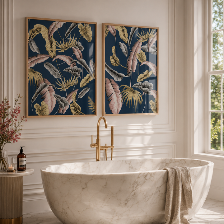 Two framed botanical wall art prints with navy backgrounds and large tropical leaves in beige, gold, and blush pink hang above a freestanding oval marble bathtub in a bright bathroom with a gold faucet and window light.