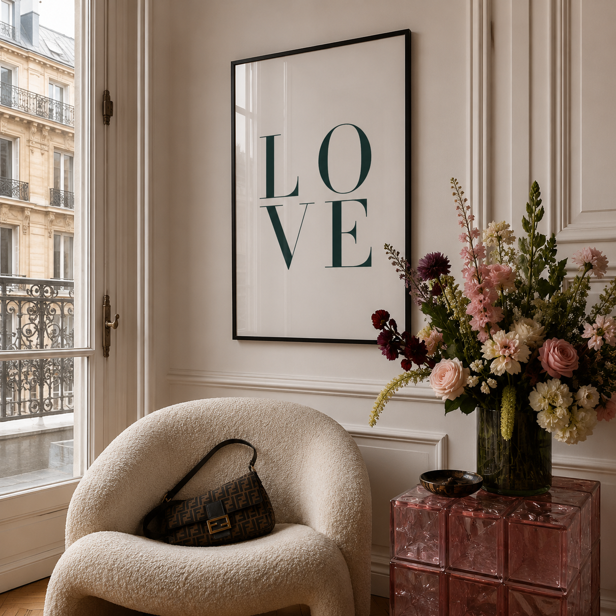 A framed wall art print with the word 'LOVE' in dark green serif letters on a white background, hanging in a styled interior next to a cream boucle armchair and a pink glass side table with a floral arrangement.