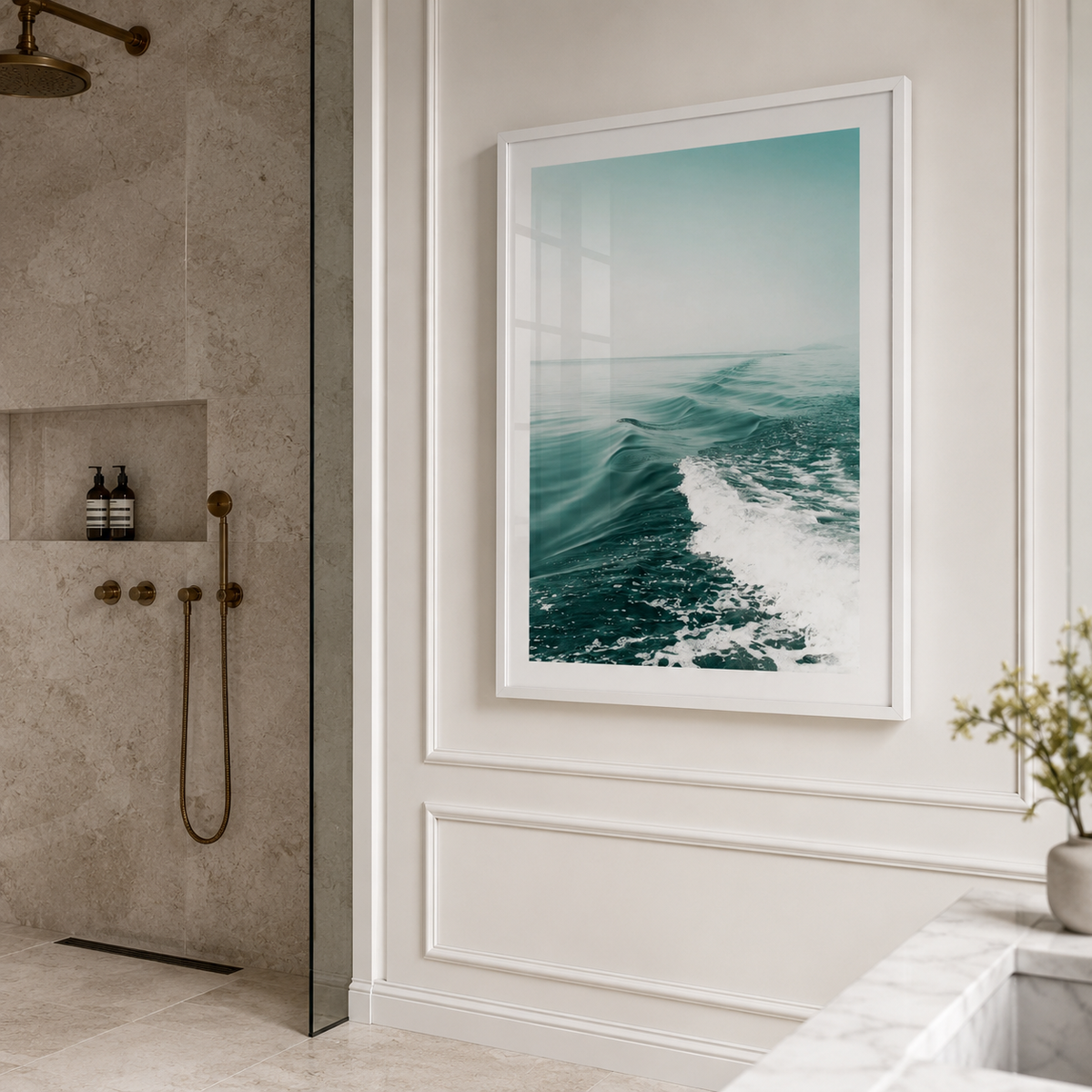 Turquoise Waves luxury wall art in stylish london bathroom