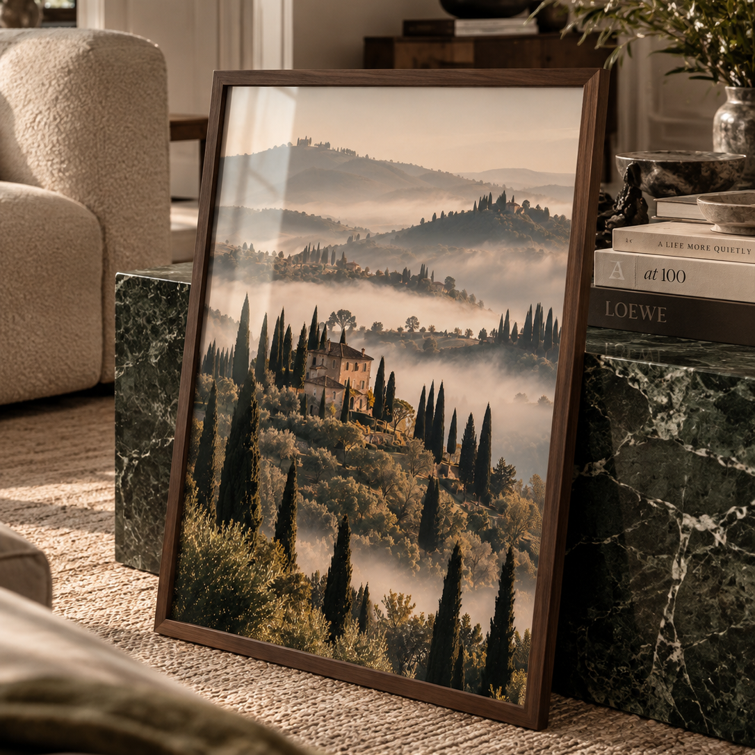 A framed landscape art print depicting a Tuscan hillside with cypress trees and a villa surrounded by misty mountains, styled leaning against a green marble side table in a cozy living room setting.