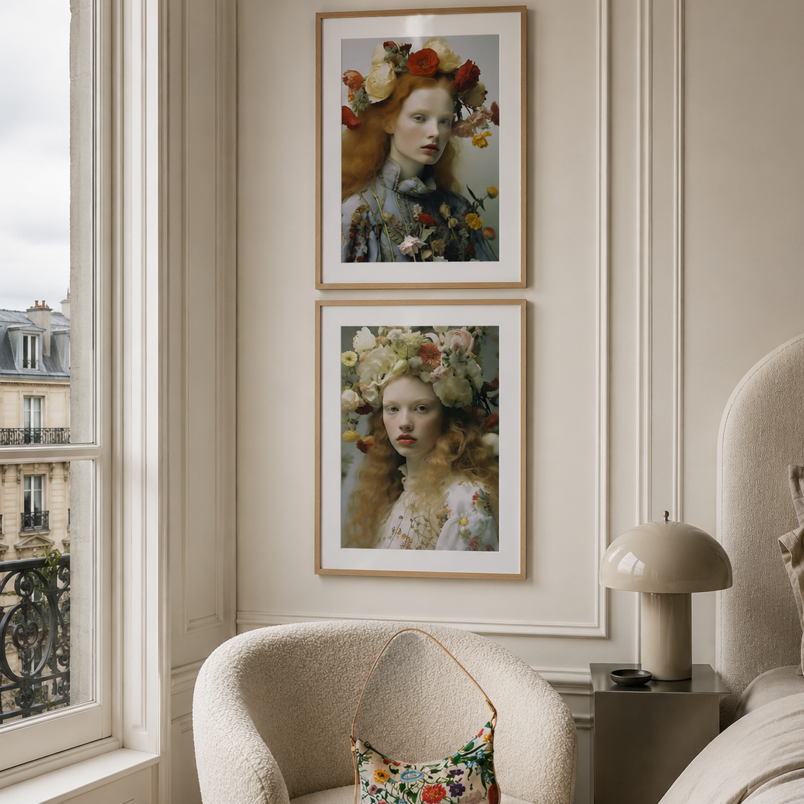 vintage photography wall art in a luxury parisian bedroom