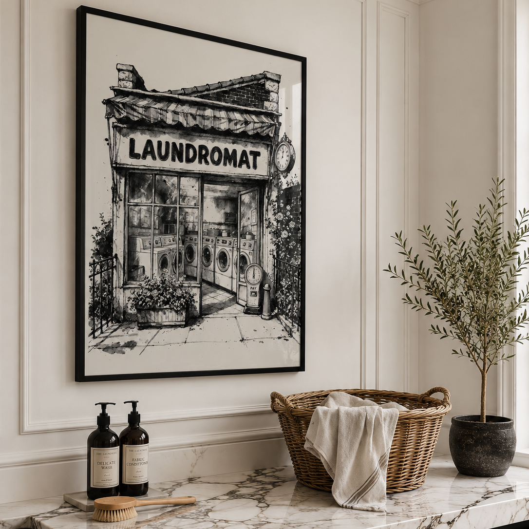 A framed black and white art print of a vintage laundromat hangs on a cream paneled wall above a marble countertop with a wicker laundry basket, soap dispensers, and a potted plant.