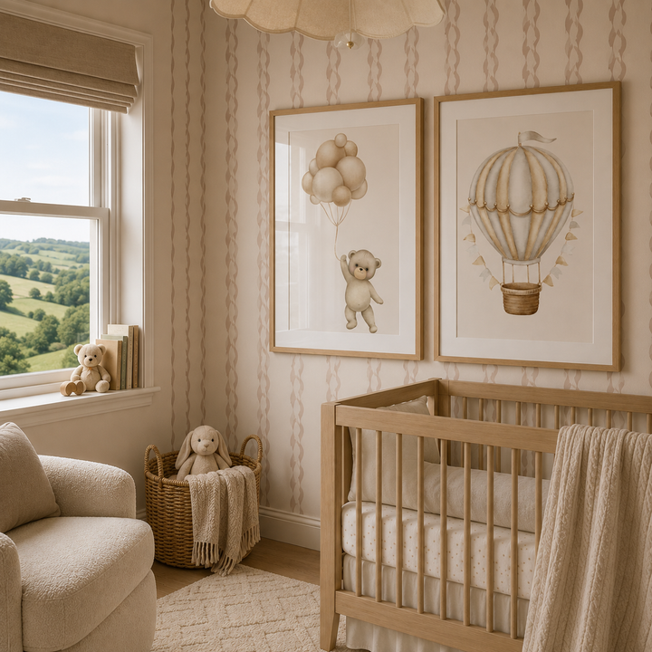 A styled nursery interior with a light wood crib, cream upholstered chair, window view, and two framed art prints on the wall showing a teddy bear with balloons and a hot air balloon. The room has warm beige and cream tones with patterned wallpaper.
