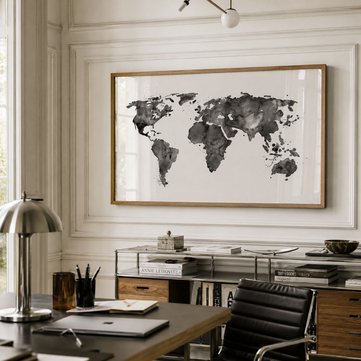 A framed world map print with a black watercolor style design hangs on a white paneled wall above a home office desk setup with a black leather chair, desk lamp, and shelving.