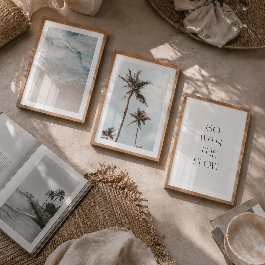 Framed beach inspired prints on a textured floor surface with natural elements