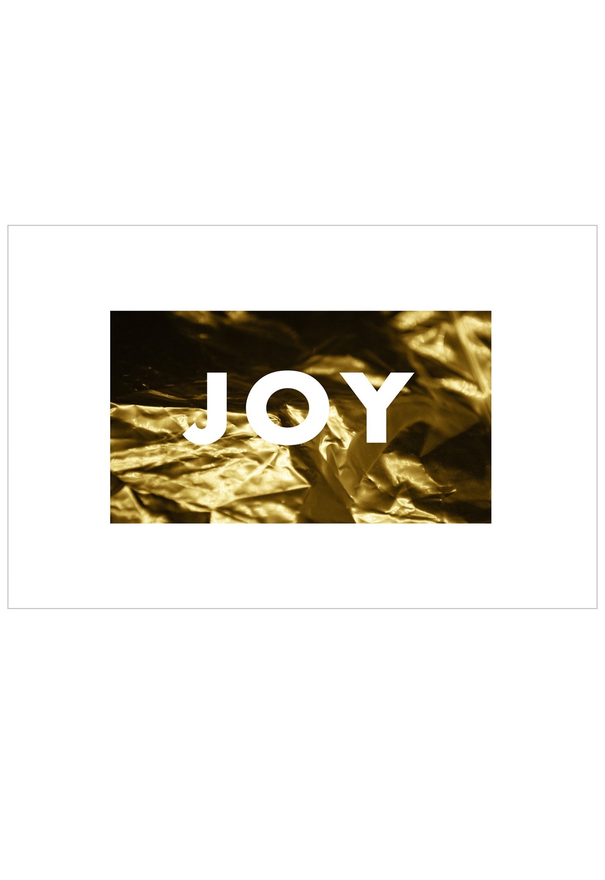 A square art print or card featuring the word 'JOY' in large white sans-serif letters over a textured gold and black abstract background, centered on a white border.