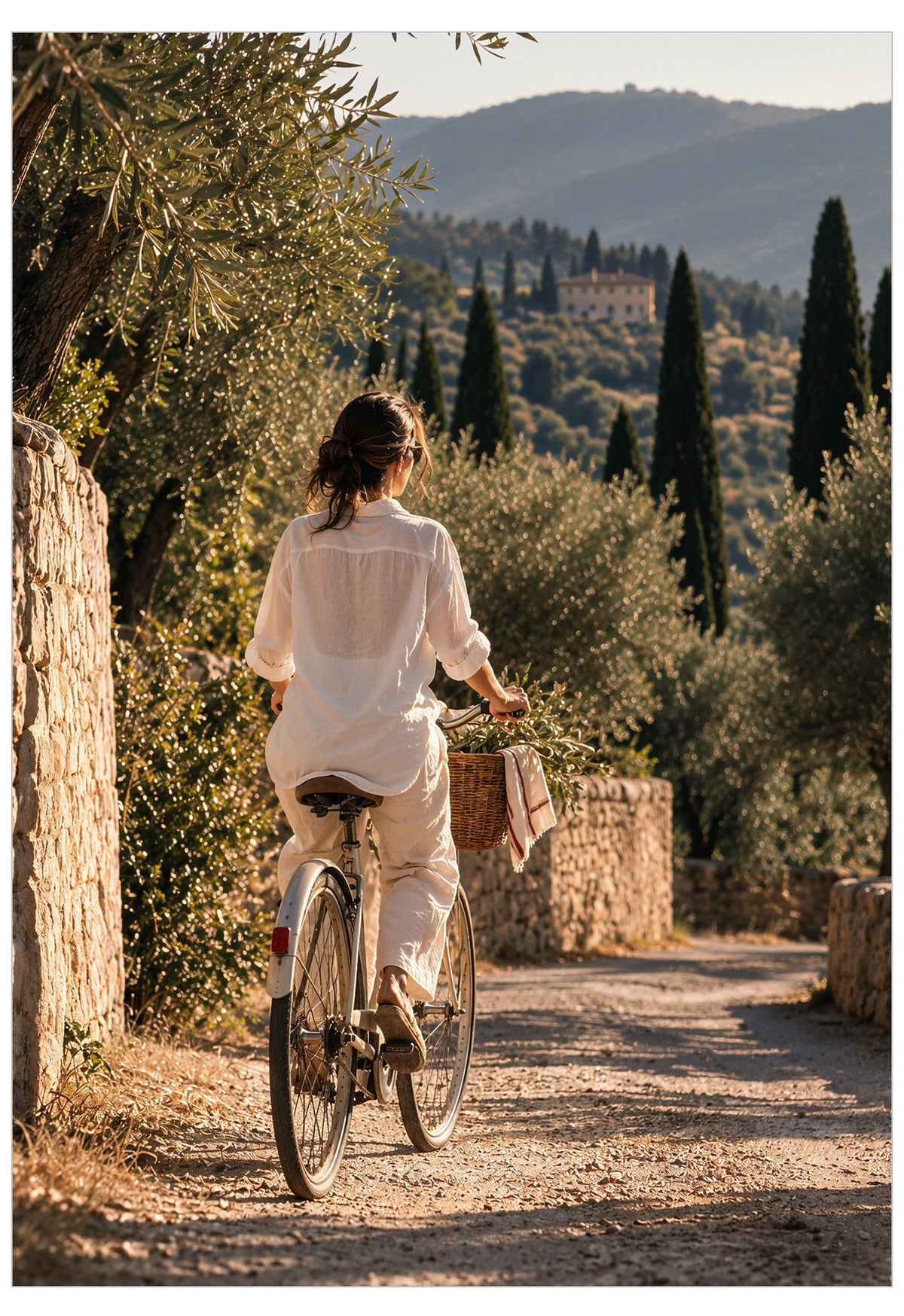 A woman rides a vintage-style bicycle away from the camera on a sunlit dirt path surrounded by olive trees, stone walls, and distant hills.