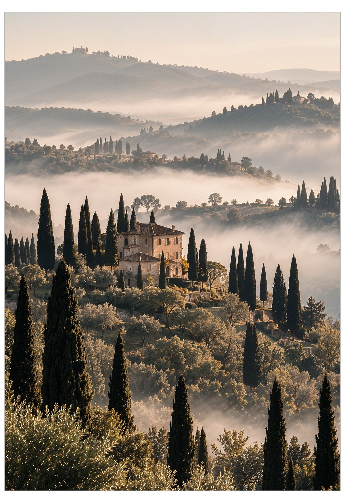 A scenic landscape photograph of a Tuscan hillside with a small stone villa, tall dark cypress trees, and rolling hills covered in mist and low clouds.