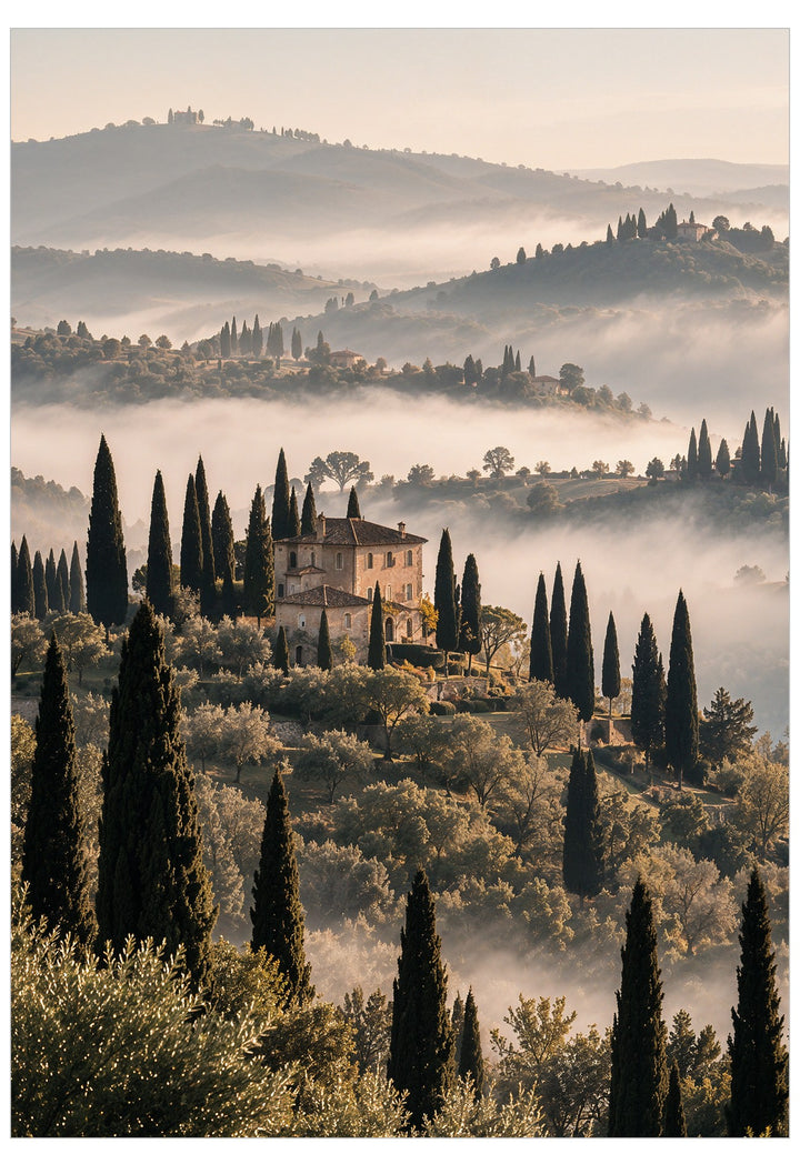A scenic landscape photograph of a Tuscan hillside with a small stone villa, tall dark cypress trees, and rolling hills covered in mist and low clouds.