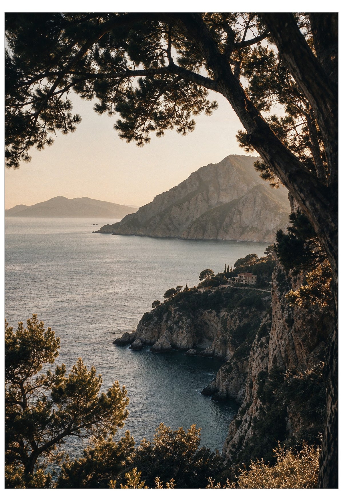 A scenic coastal landscape print showing a rocky sea cliff, calm blue water, distant mountains, and warm golden sunlight, framed by dark tree branches and foliage in the foreground.