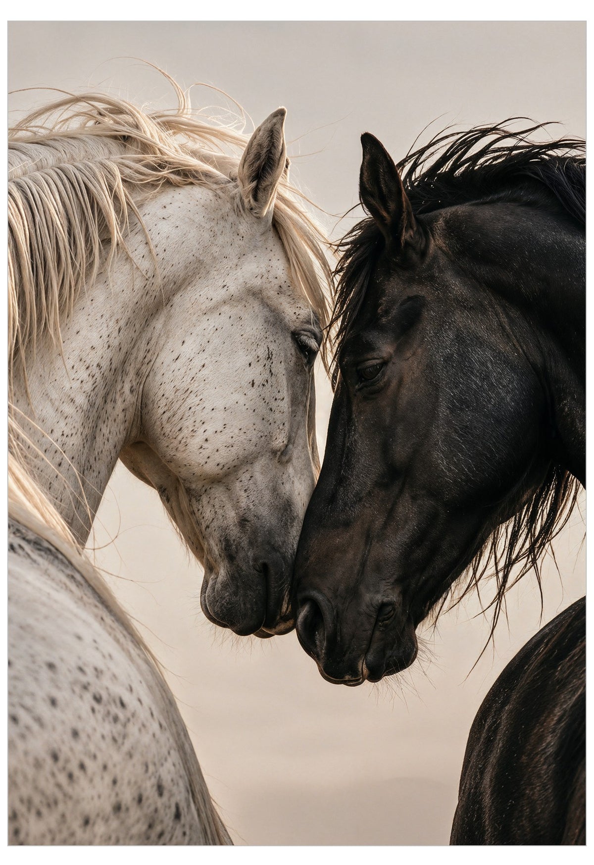 A close-up photograph of two horses facing each other, one white with dark spots and one black, set against a soft beige background.