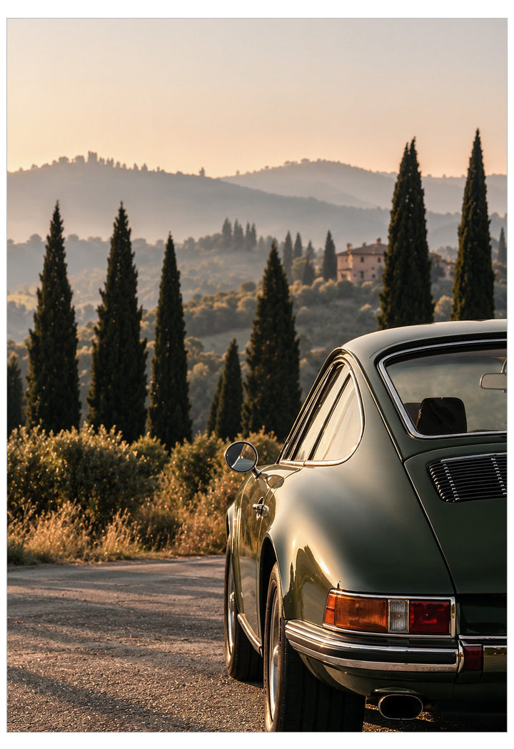 A dark green classic Porsche 911 coupe parked on a sunlit country road with cypress trees and rolling hills in the background.