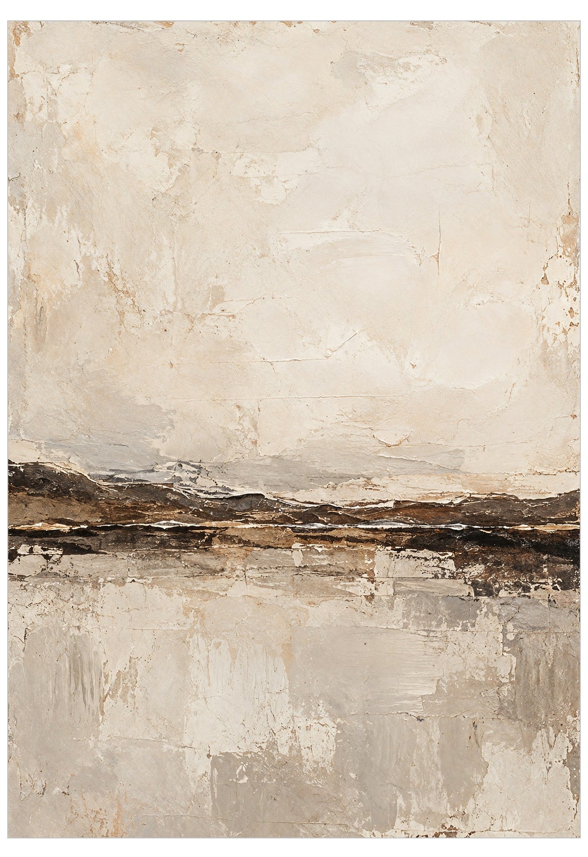 An abstract landscape painting with beige, cream, and brown tones