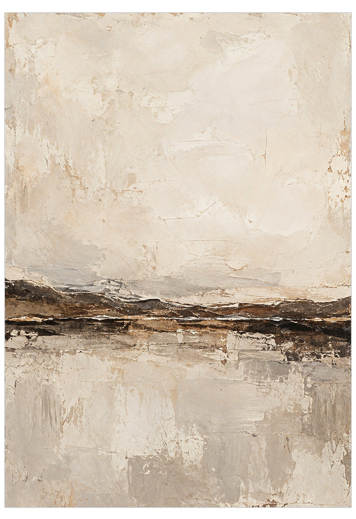An abstract landscape painting with beige, cream, and brown tones