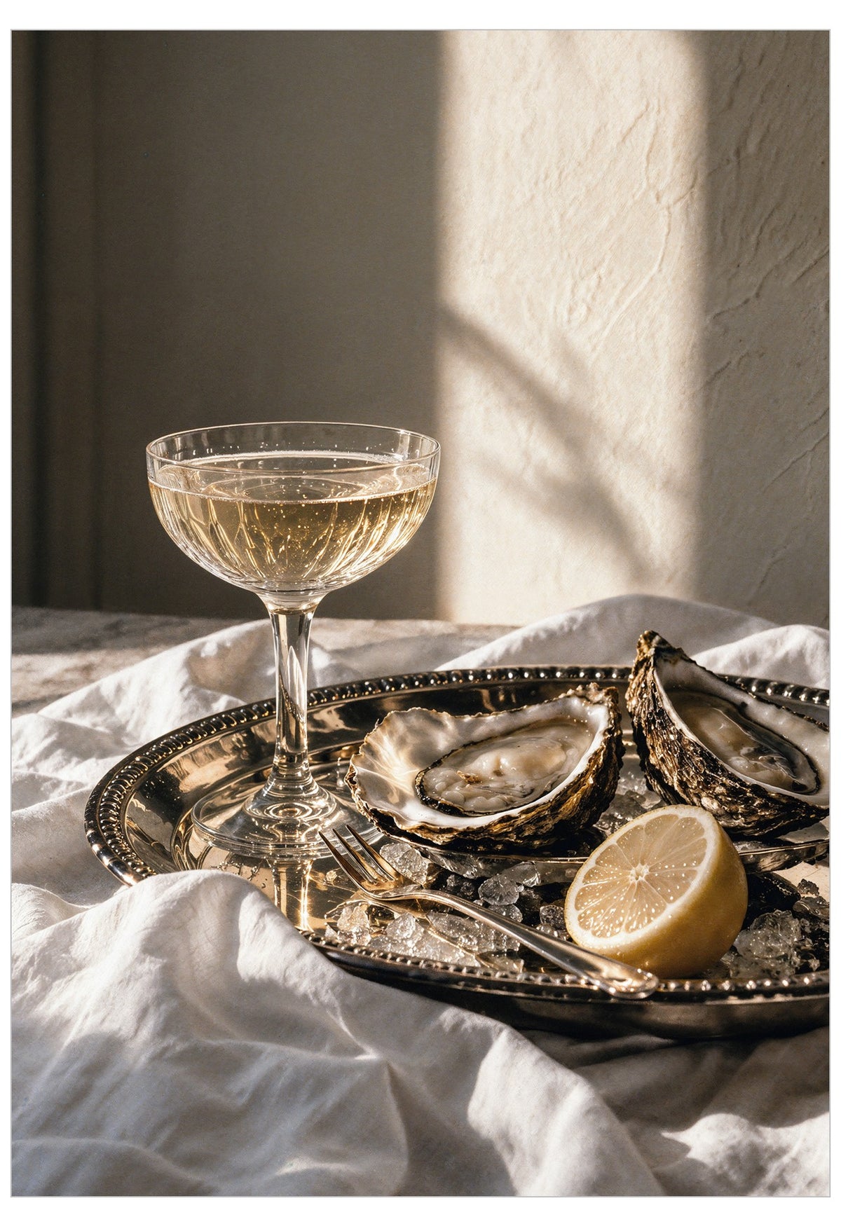 A styled still life featuring a coupe glass of white wine, a silver tray with oysters on ice, a lemon half, and a fork, set on draped white fabric with warm sunlight and shadows.