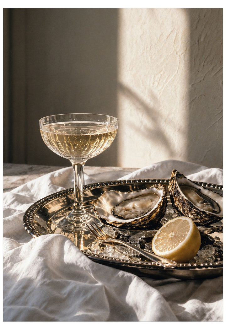 A styled still life featuring a coupe glass of white wine, a silver tray with oysters on ice, a lemon half, and a fork, set on draped white fabric with warm sunlight and shadows.
