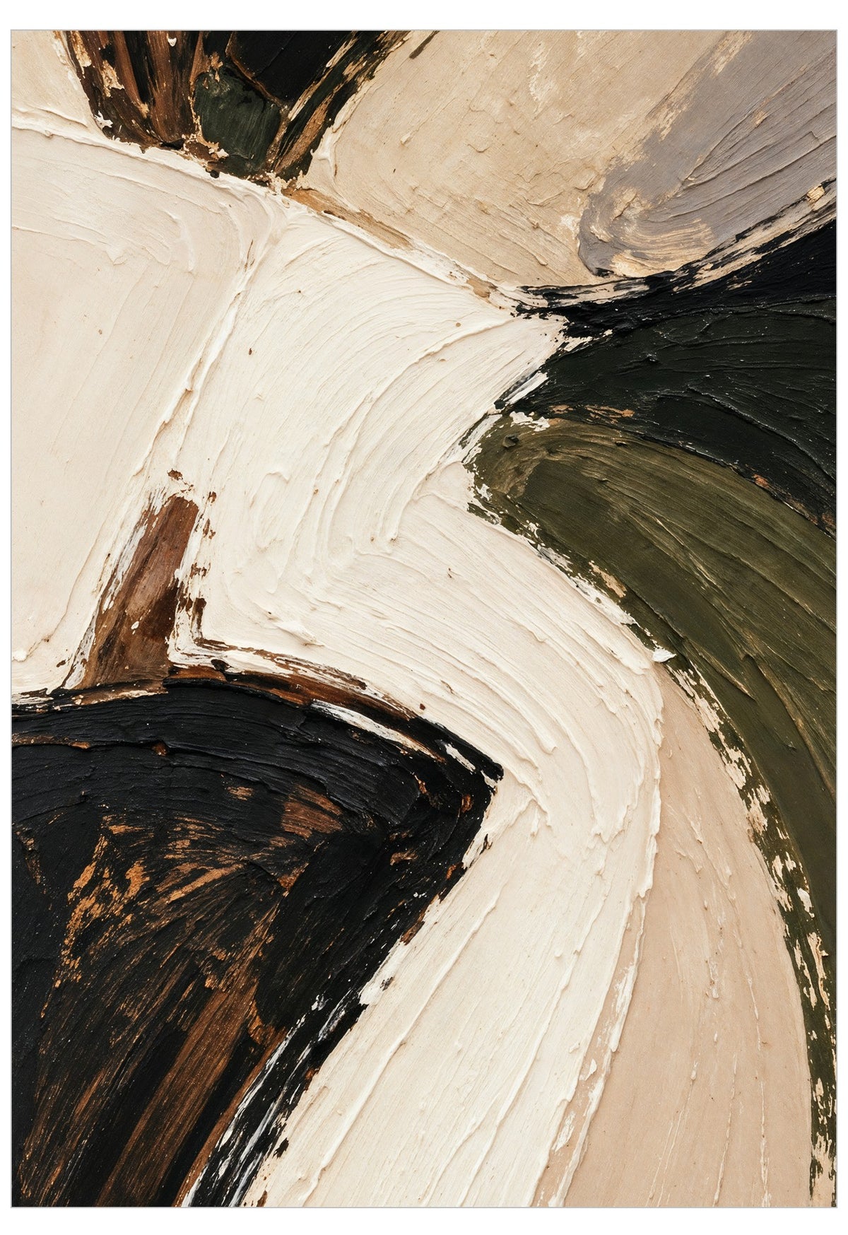 Abstract expressionist painting with thick impasto brushstrokes in cream, beige, black, olive green, and brown.