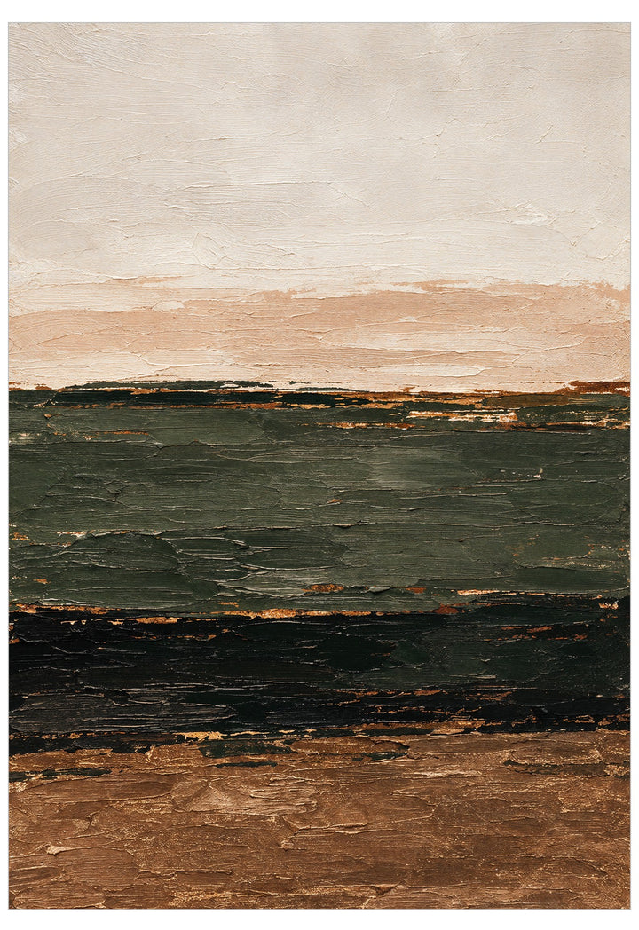 An abstract landscape painting featuring a textured sky in cream and peach tones, a dark green horizon band, a black lower section, and a brown foreground.