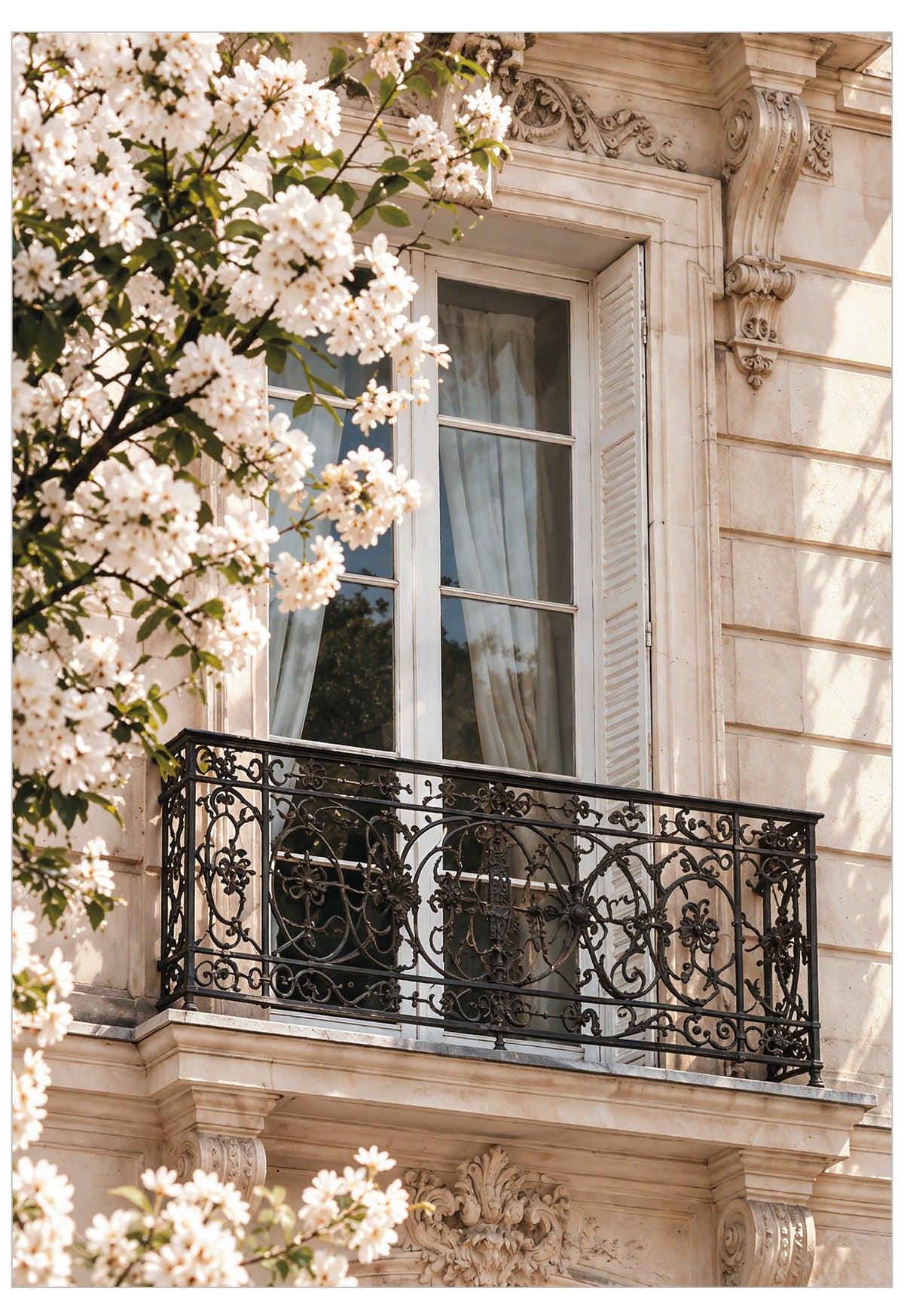 The Balcony Poster featuring a sunlit Parisian balcony with ornate black wrought iron, French windows and white spring blossom against a warm stone façade.