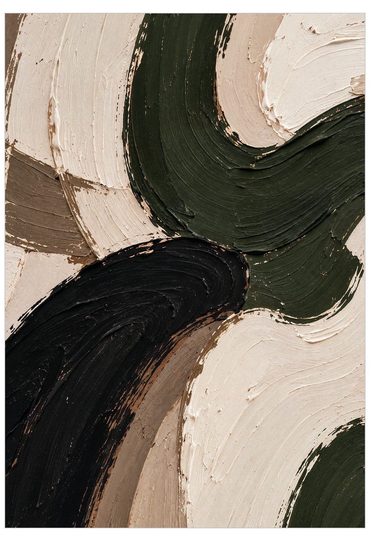 Abstract textured painting with thick brushstrokes in dark green, black, beige, and taupe.