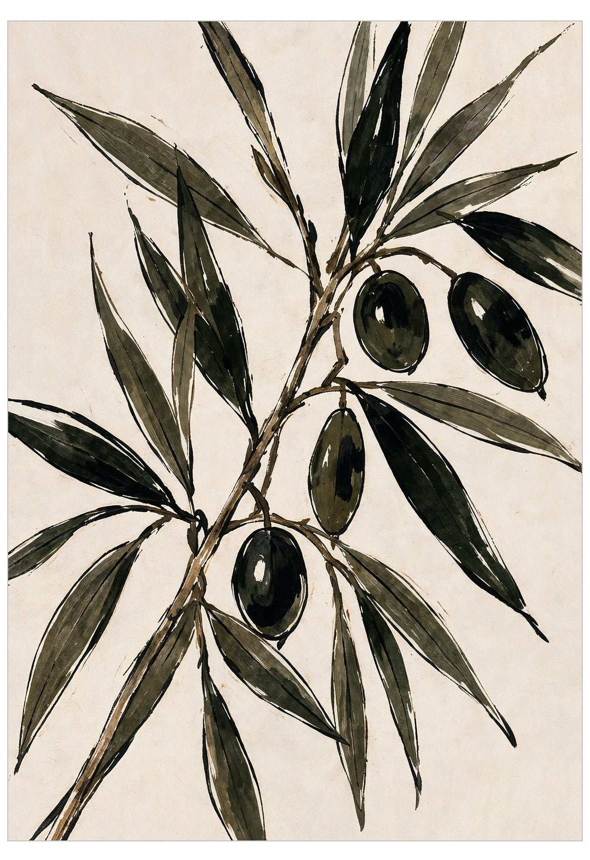 A botanical art print depicting olive branches with dark green olives and leaves on a textured beige background.