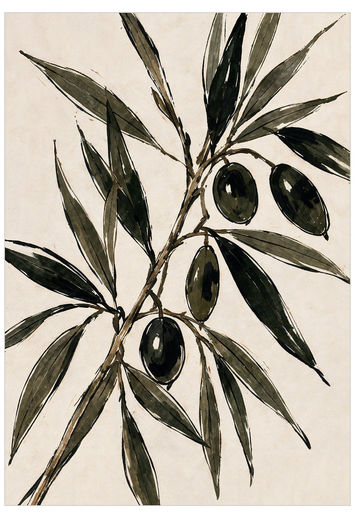 A botanical art print depicting olive branches with dark green olives and leaves on a textured beige background.