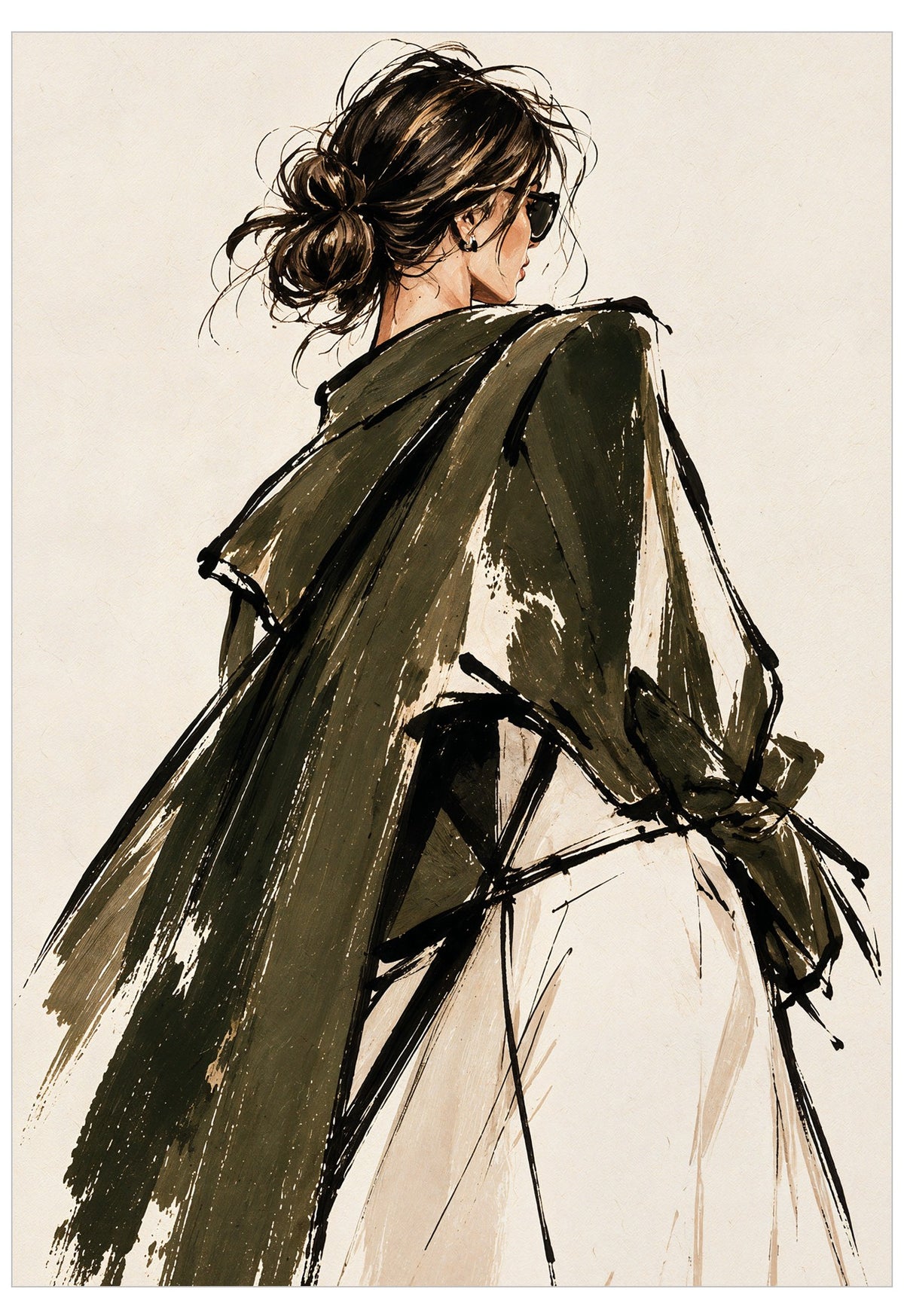 Fashion illustration of a woman from behind wearing a dark olive green coat over a white dress, rendered in expressive brushstrokes on a light beige background.