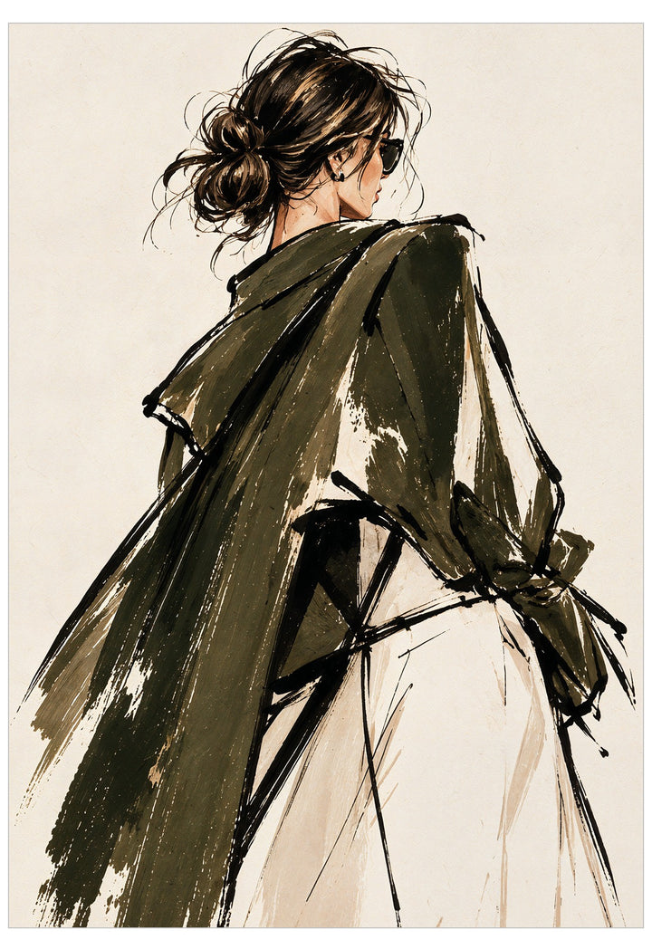 Fashion illustration of a woman from behind wearing a dark olive green coat over a white dress, rendered in expressive brushstrokes on a light beige background.