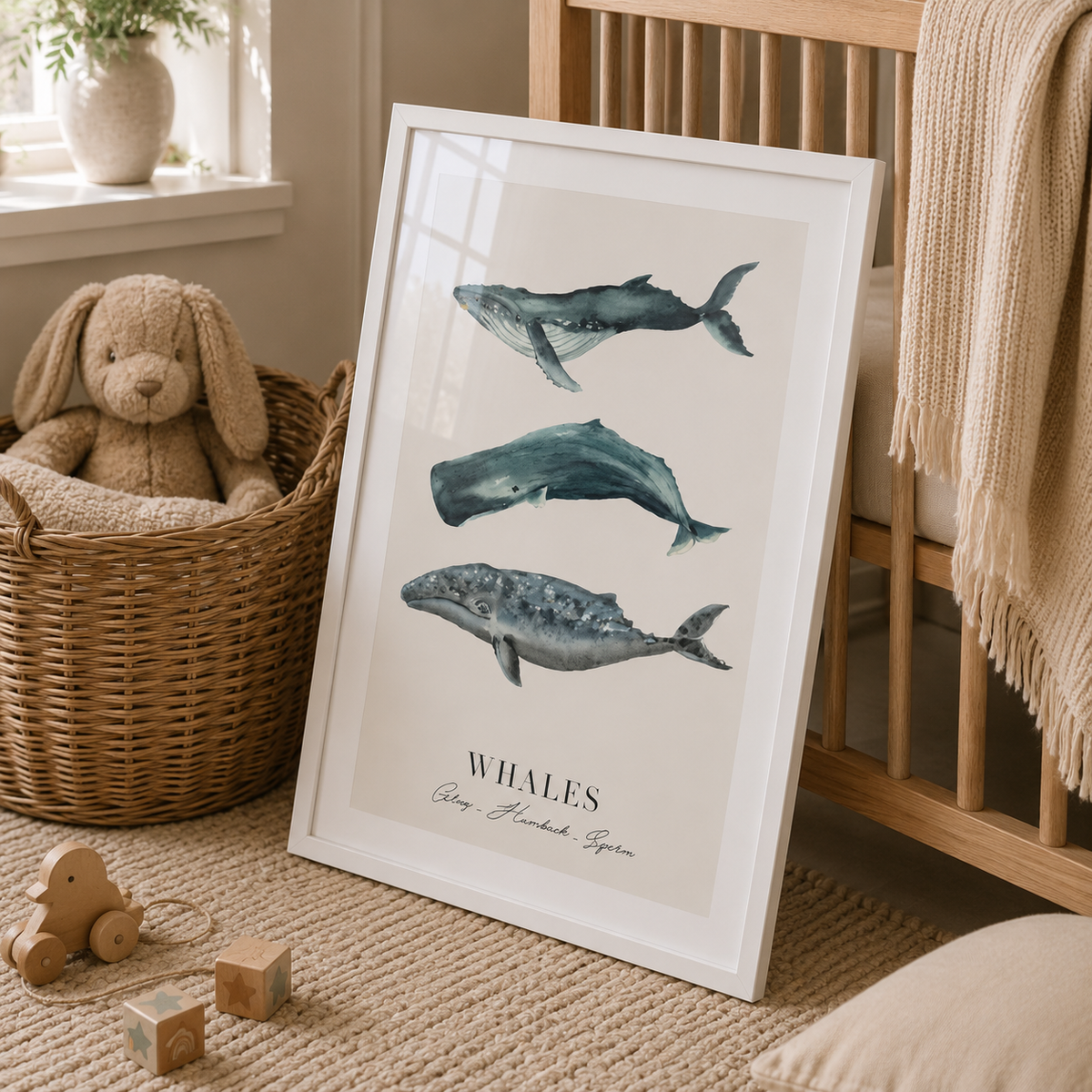 A framed whale art print leaning against a wooden crib in a softly styled nursery. The white-framed poster shows three blue-gray whale illustrations with the word 'Whales' and small script text at the bottom.