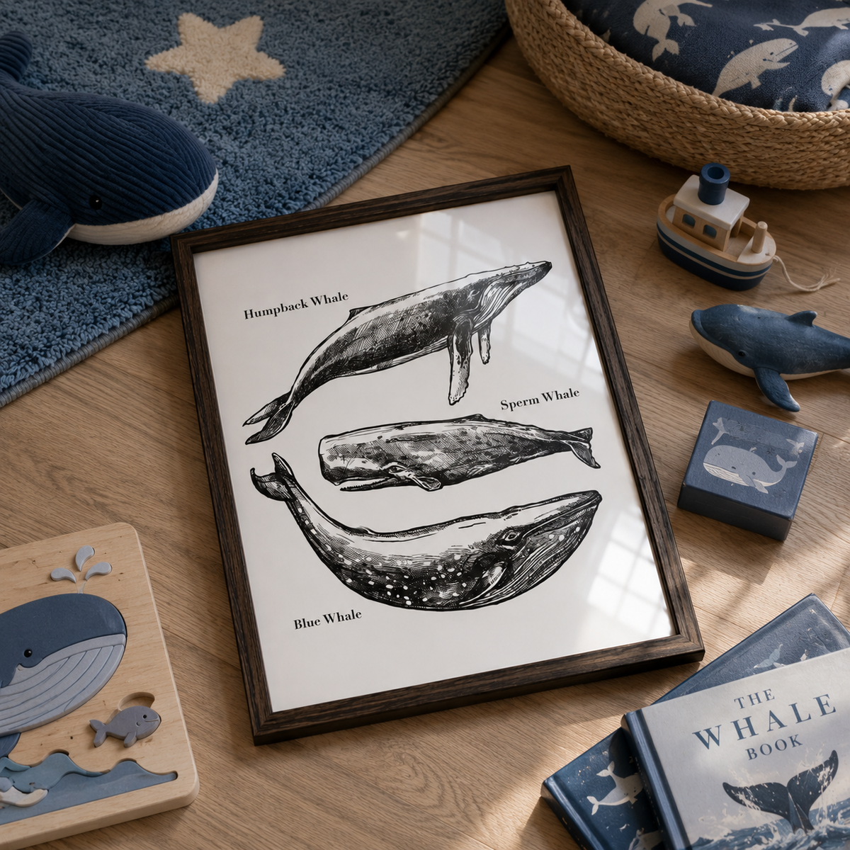 Illustrations of three types of whales: Humpback Whale, Sperm Whale, and Blue Whale, with labels on a white background.