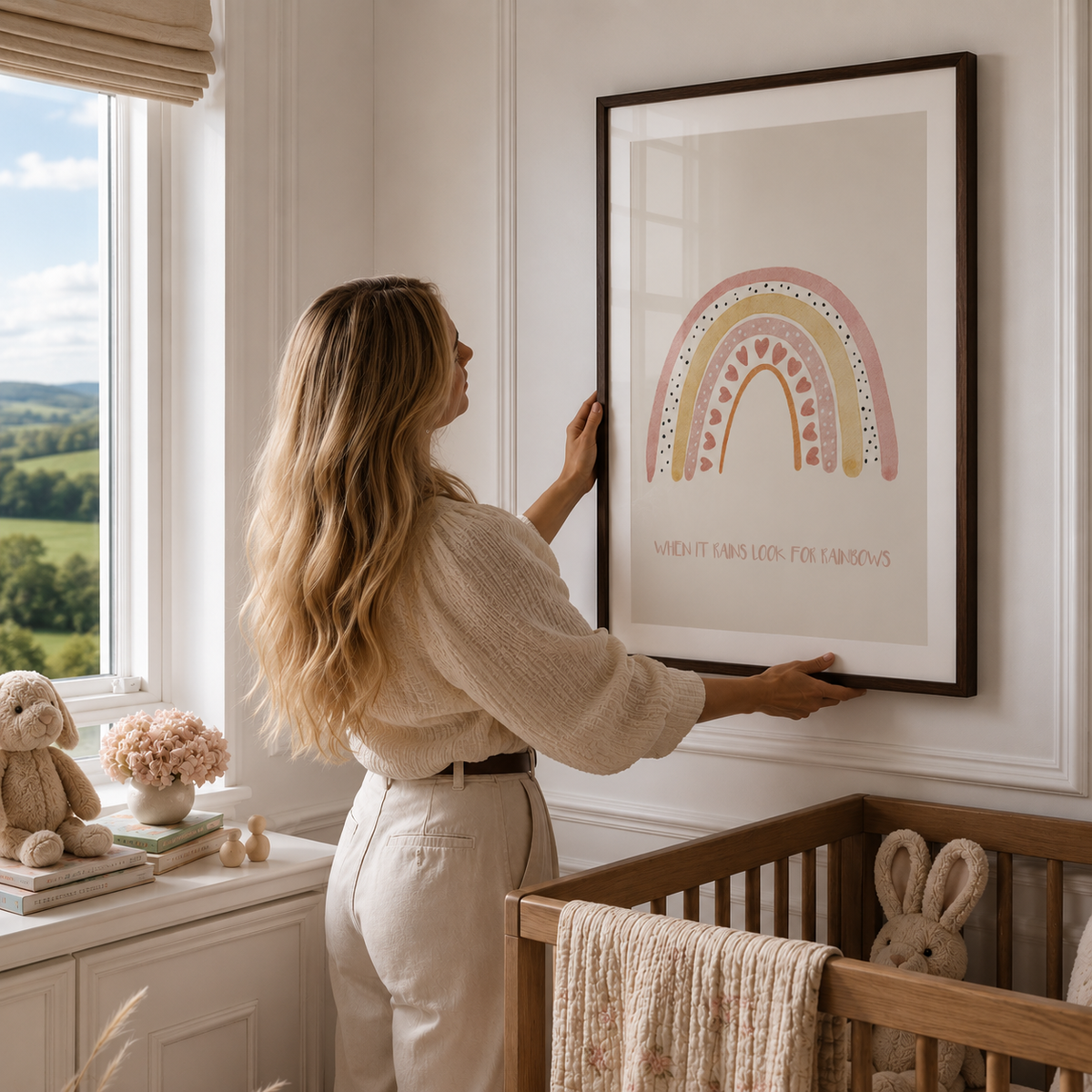 A woman in a cream knit top and matching pants hangs a framed art print on a white nursery wall. The print features a pastel rainbow with the text 'WHEN YOU'RE SEEN FOR EVER' in a wooden frame.